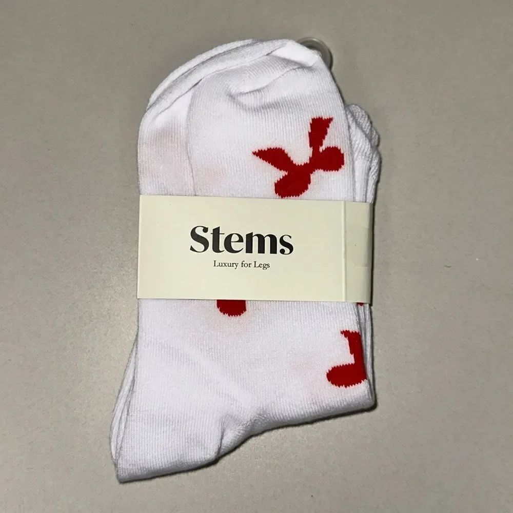 Stems 1 Pair White Red Bowtie Print Cotton Blend Stretch Knit Luxury Socks